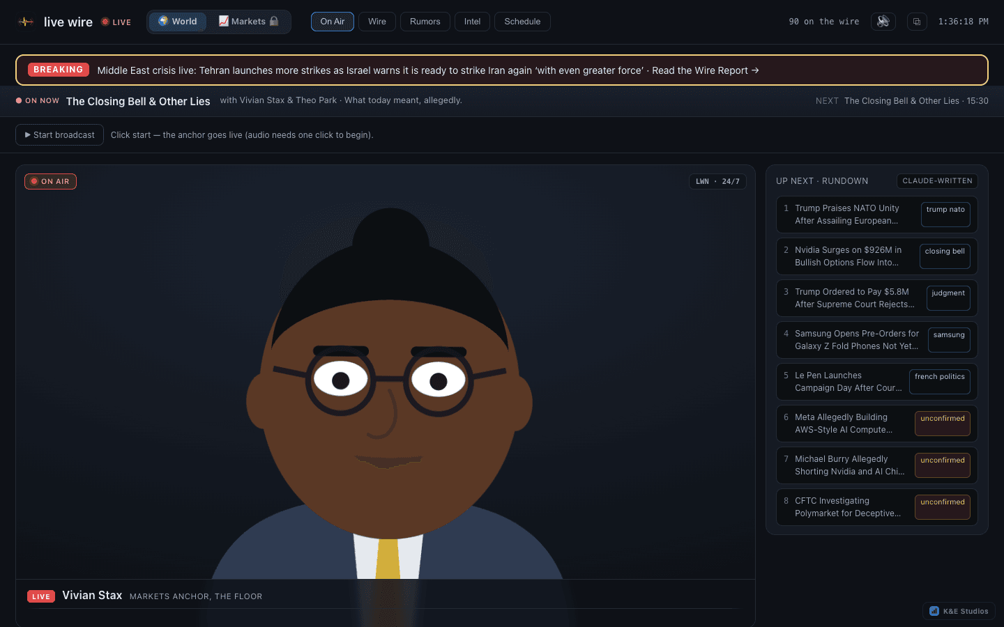 Live Wire on-demand news interface with a character anchor and rundown panel
