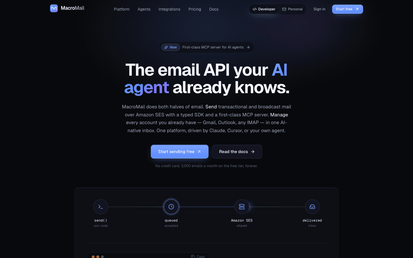 MacroMail landing interface for an agent-oriented email API